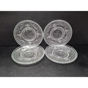 Blue Onion Bread Plates, Crystal Sandwich Glass, Flower Scroll Design,‎ Set Of 4